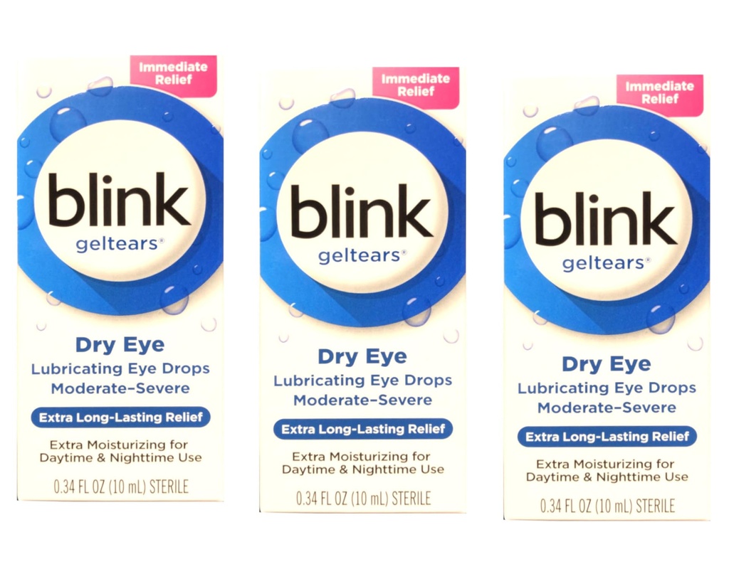 Blink GelTears Mazanie očné kvapky pre suché oko, Extra Lasting Relief, Hydratačné Formula, Stredne ťažké až ťažké Suchosť, 0.34 fl oz (Stock of 3)