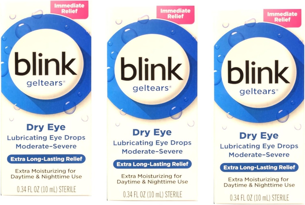 Blink GelTears Mazanie očné kvapky pre suché oko, Extra Lasting Relief, Hydratačné Formula, Stredne ťažké až ťažké Suchosť, 0.34 fl oz (Stock of 3)