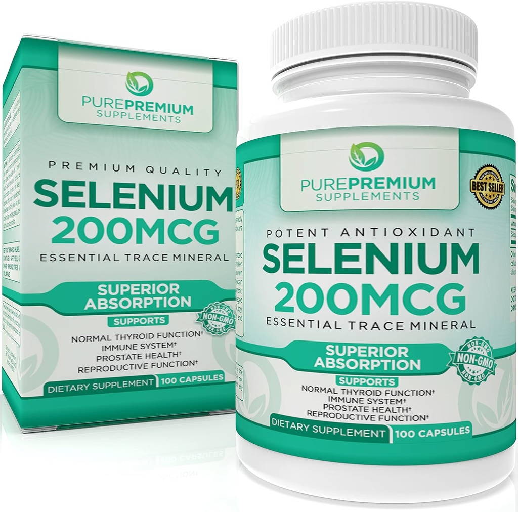 PurePremium Selenium 200mcg Supplement - L Selenometionín Essential Mineral - Denná podpora pre normálne štítnej žľazy, Immune System