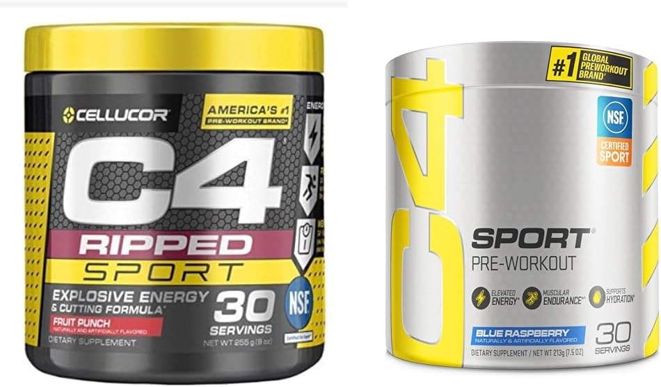 C4 Ripped Sport Pre Cvičenie Powder Fruit Punch - NSF Certified for Sport + Cugar Free & C4 Sport Pre Cvičenie Powder Blue Malina - Pre Cvičenie Energy