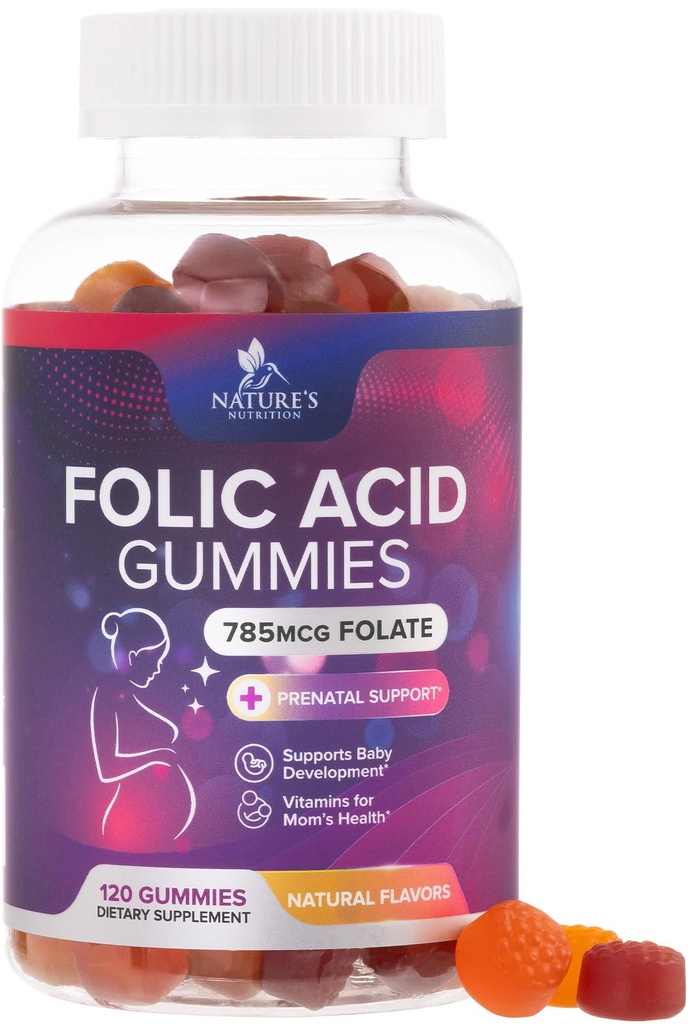 Kyselina listová Gummy pre ženy 785 mcg, Esenciálne prenatálne vitamíny pre mamu a dieťa, Vegánske folické doplnok Gummy, Denné vitamín B9 Extra sila folát, Pred po tehotenstve - 120 Gummy