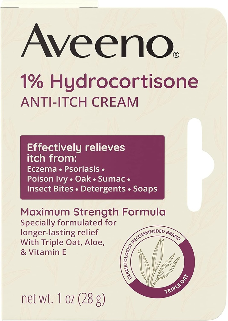 Aveeno Maximálna sila 1% Hydrokortizón Anti-Itch krém, Triple Oat, Aloe & Vitamín E pre svrbenie Relief from Ekzém, Psoriáza, Insect Bites, Poison Ivy, Oak & Sumac & Detergents, 1 oz
