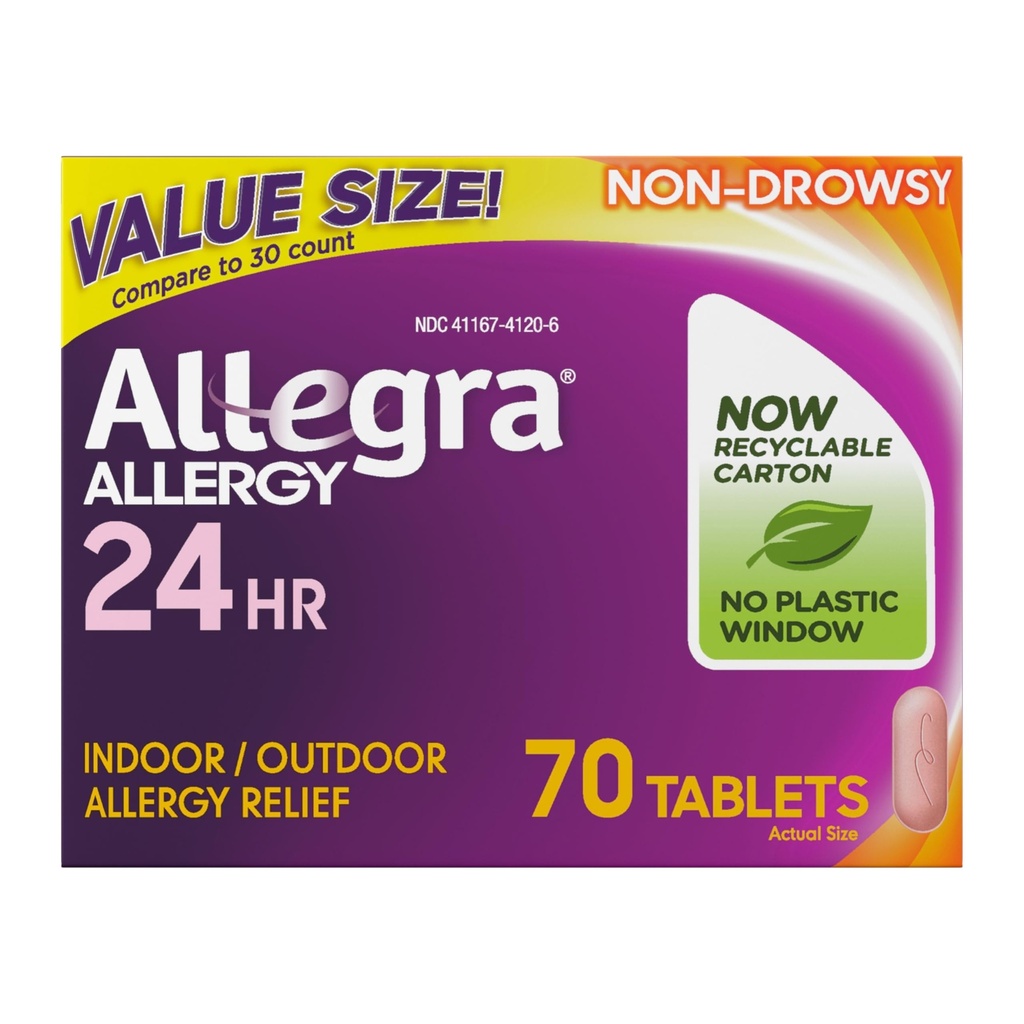 Allegra Adult 24-hodinové tablety na úľavu od alergie, non-Drowsy Indoor and Outdoor Allergy Medicine, 180 mg Fexofenadín HCI Antihistaminika Pill, 70-Count