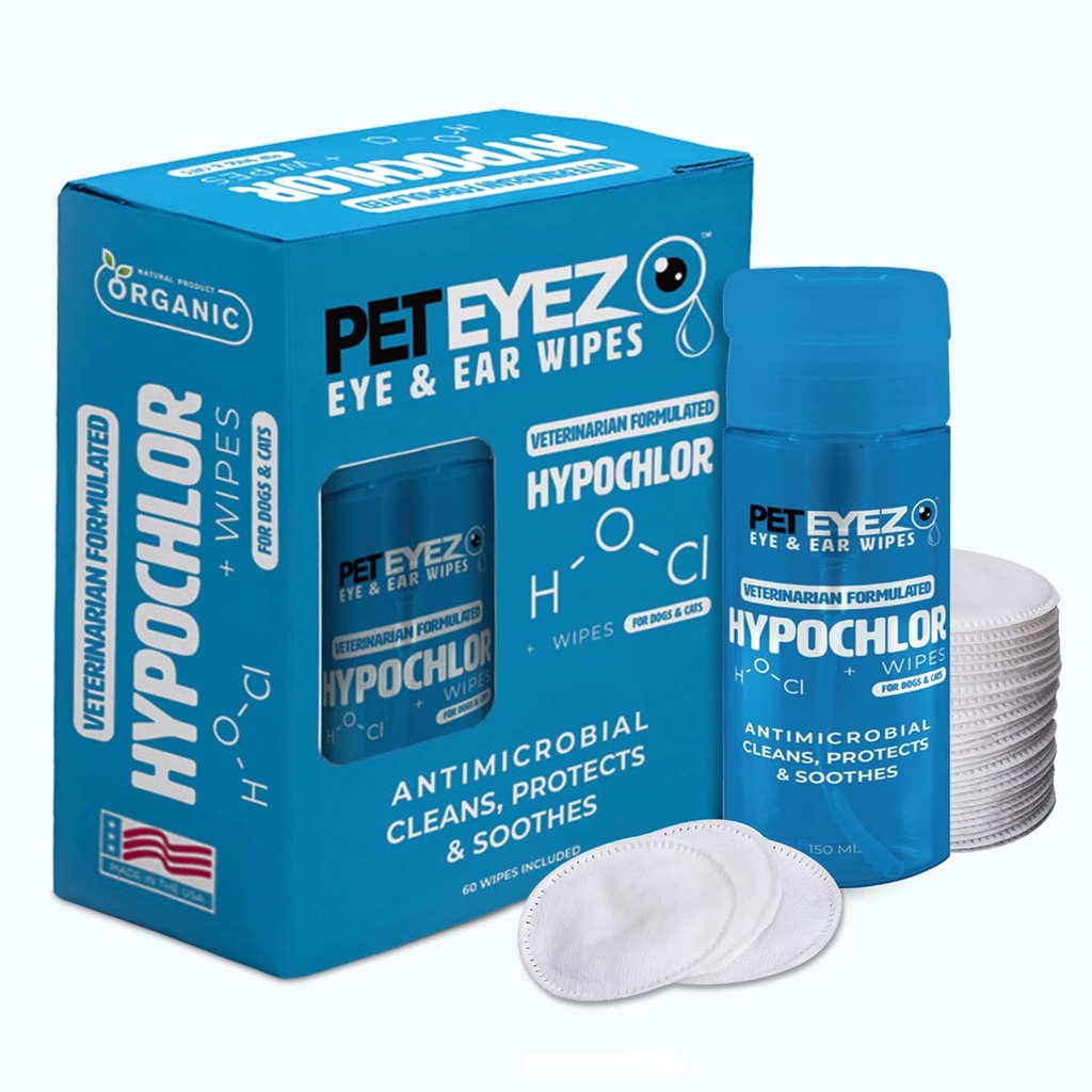 PetEyez Veterinarian Formulated Tear Stain Remover Solution pre psy a mačky - Hypoalergénna Deodorizačná čistiareň na odstránenie špiny, výboja a kôry z uší, očí, laby a zadok - 100 Wipes
