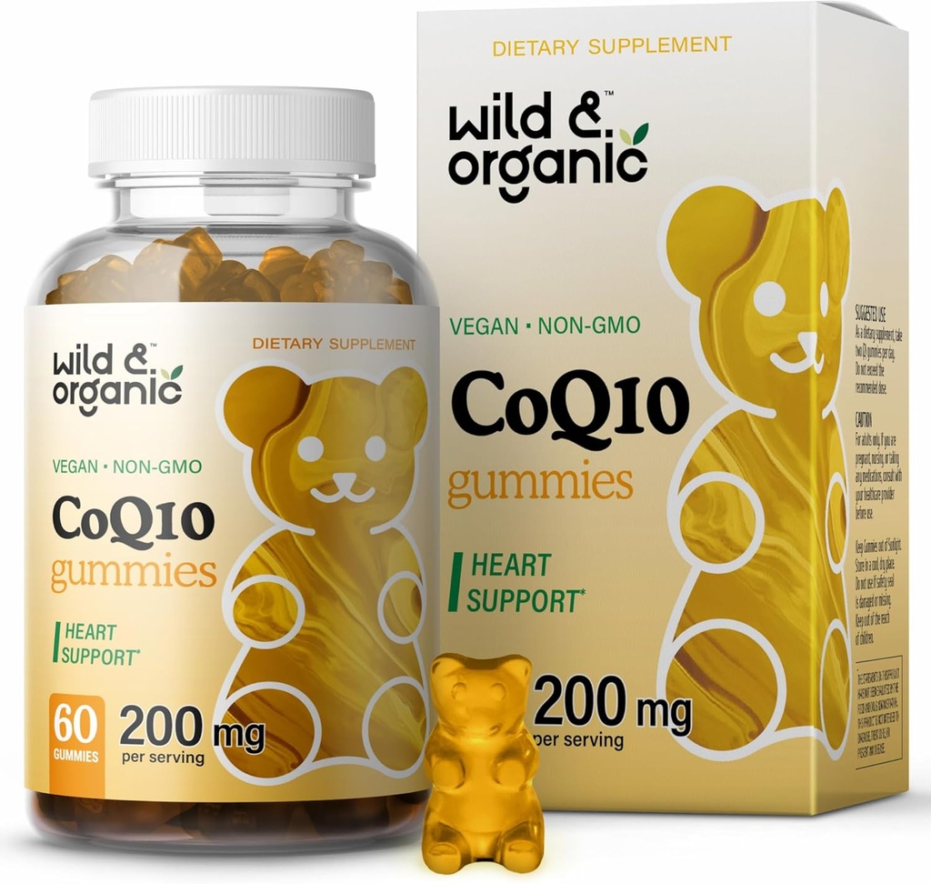 Wild & Organic CoQ10 Gummies - Vegan CoQ10 200mg Antioxidant Supplement with Ubichinón - Natural Energy and Focus Gummies with Coenzým Q10-60 Non-GMO pektín Chewables