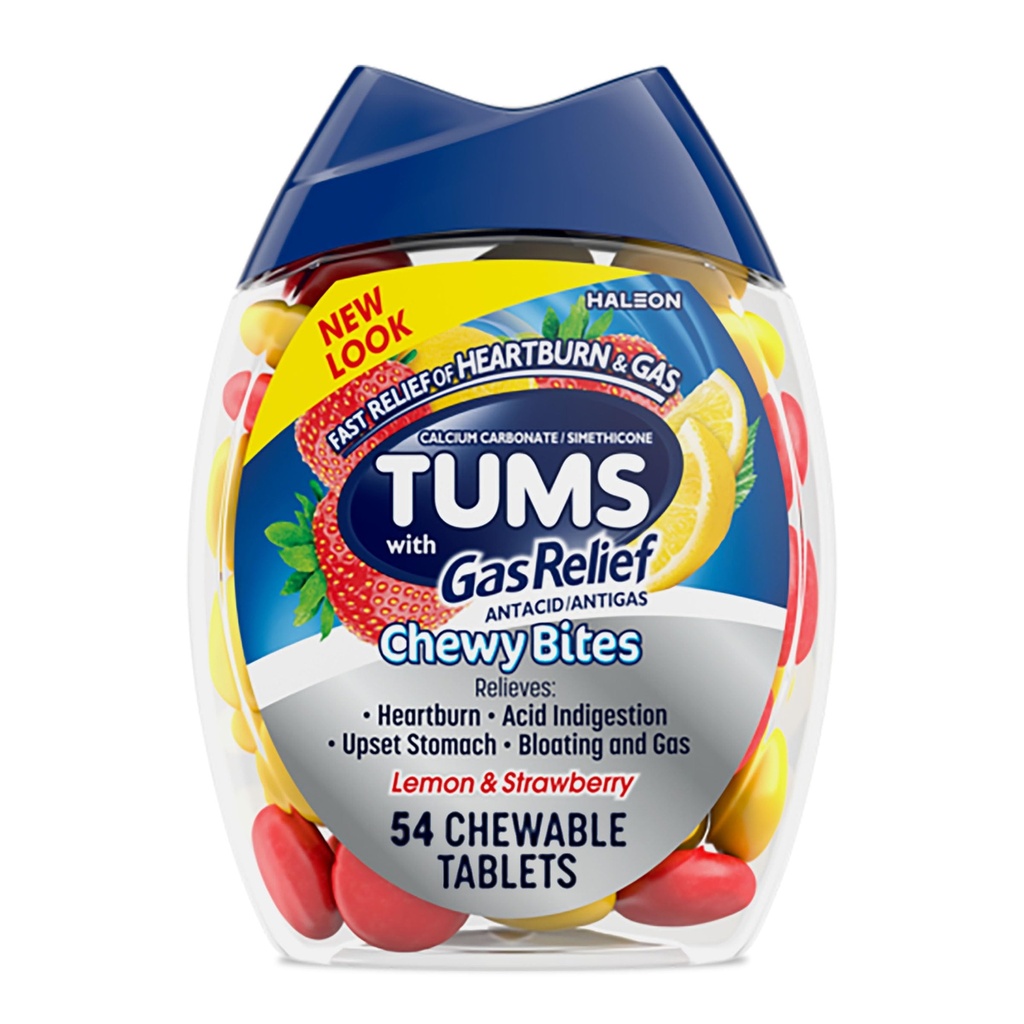 TUMS Chewy Bites Žuvacie antacidá Tablety s úľavou od plynu, citrón a jahod - 54 gróf