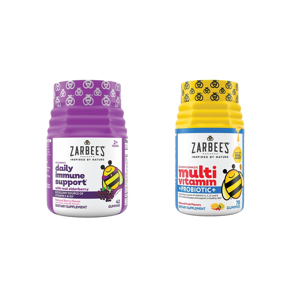 Denná imunitná podpora detí a detí multivitamín + probiotické multibalenie, Imunitná podpora Gummy s bazami, vitamín C a zinok, 42 ct, & Detské vitamíny + probiotické Gummy, 70 ct, 2 položky