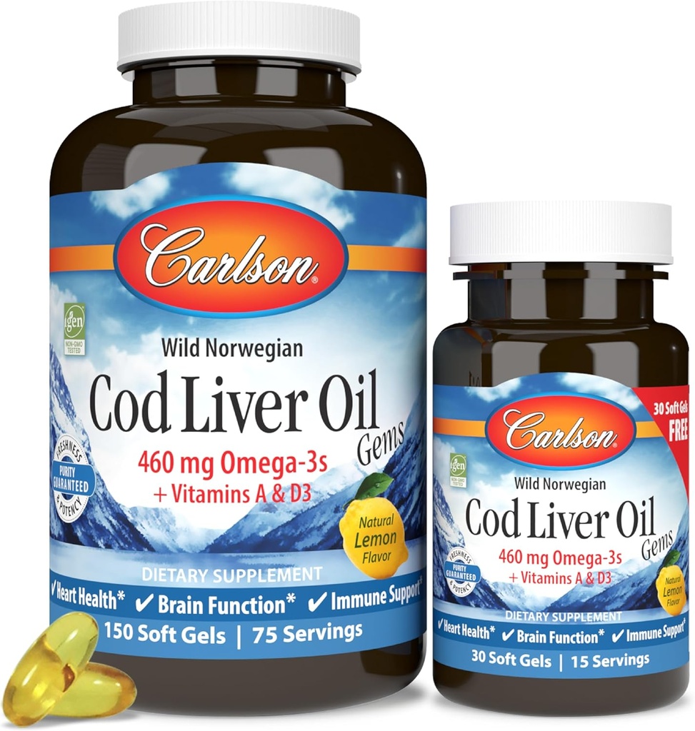 Carlson - Cod Liver Oil Gems, 460 mg Omega-3s + Vitamíny A a D3, Wild-Caught Norwegian Arktic Cod Liver Oil, Udržateľne Zdroj Nordic Fish Oil Capsules, Lemon, 180 Softgels