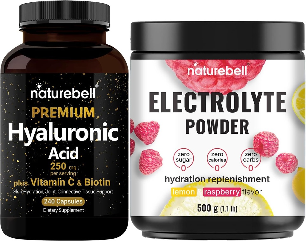 NatureBell Hyaluronic Acid Capsules with Biotin + Vitamin C & Electrolyte Hydration Powder Bundle Pack