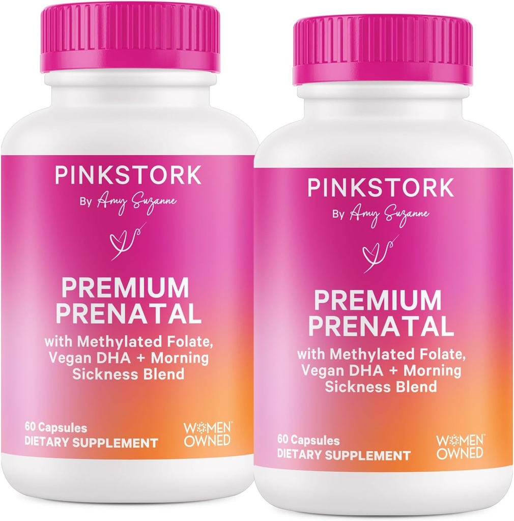 Pink Stork Premium Prenatálny vitamín pre ženy - Multivitamínové a probiotiká - ranná choroba, trávenie, & Energy - folát, B6, a železo - 60 kapsúl - 2 balenia