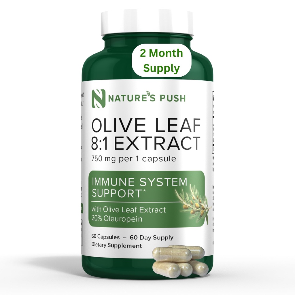 Push Super Potent Olive Leaf 8:1 Extrakt 20% Oleuropein 750mg Kapsule Immune System, Skin, and Heart Health Support Vegan Non-GMO USA cGMP Gluten Free Antioxidants 60 Kapsule 2 Mesiac dodávky