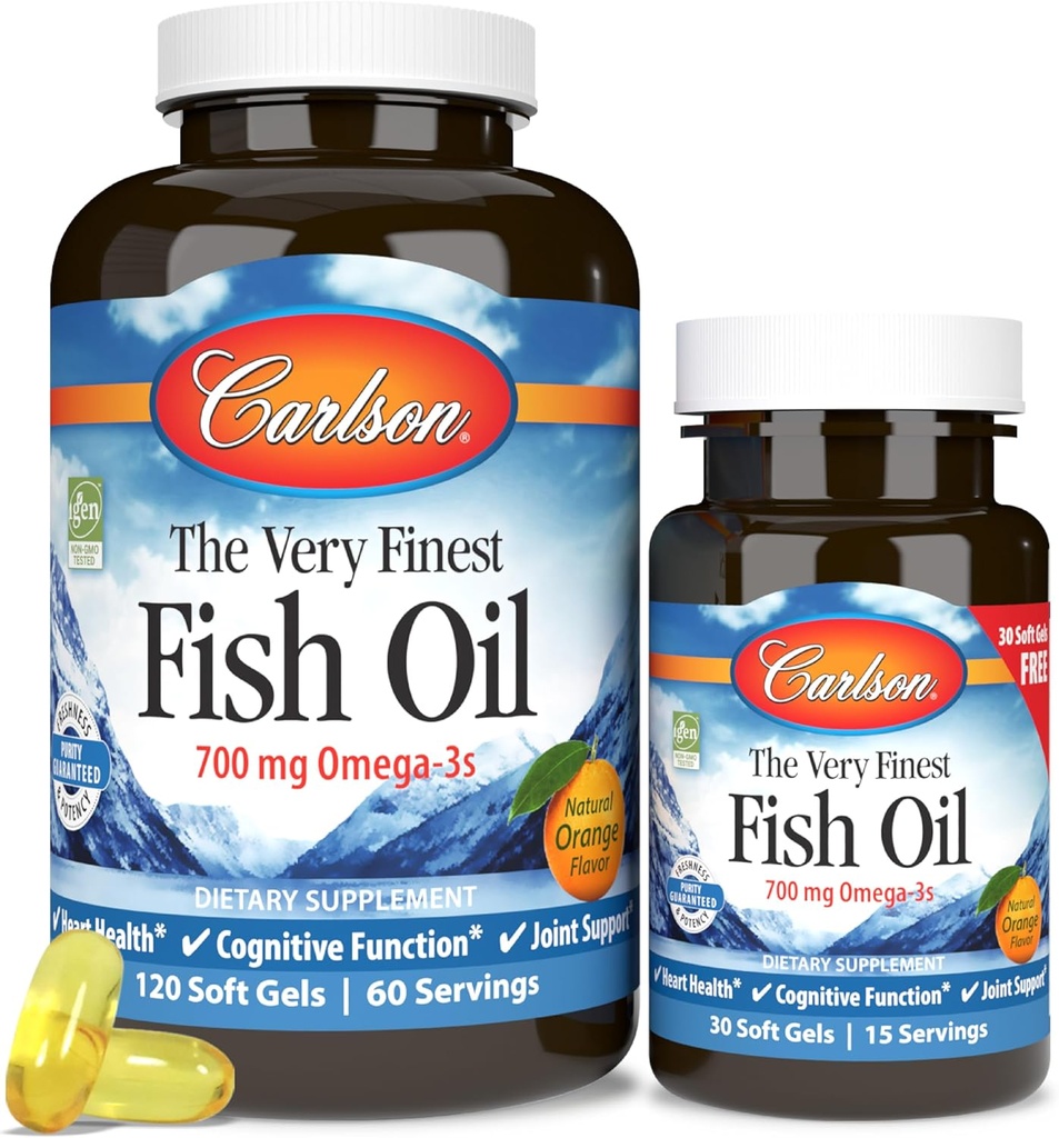 Carlson - Veľmi najjemnejší rybí olej, 700 mg Omega-3s, nórsky rybí olej doplnok, Wild Caught Omega-3 rybí olej, udržateľný zdroj rybí olej kapsule, Omega-3 doplnok, Orange, 120+30 Softgels