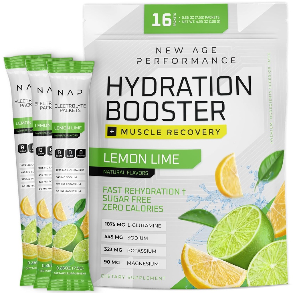 New Age Performance Hydration Pakets, Electrolytes Powder, Liquid Enhancer for Dehydration Relief, L-Glutamine Amino Acides for Muscle Workout Recovery, Sugar Free & 0 Calorie, 16 Sticks (Lemon Lime)