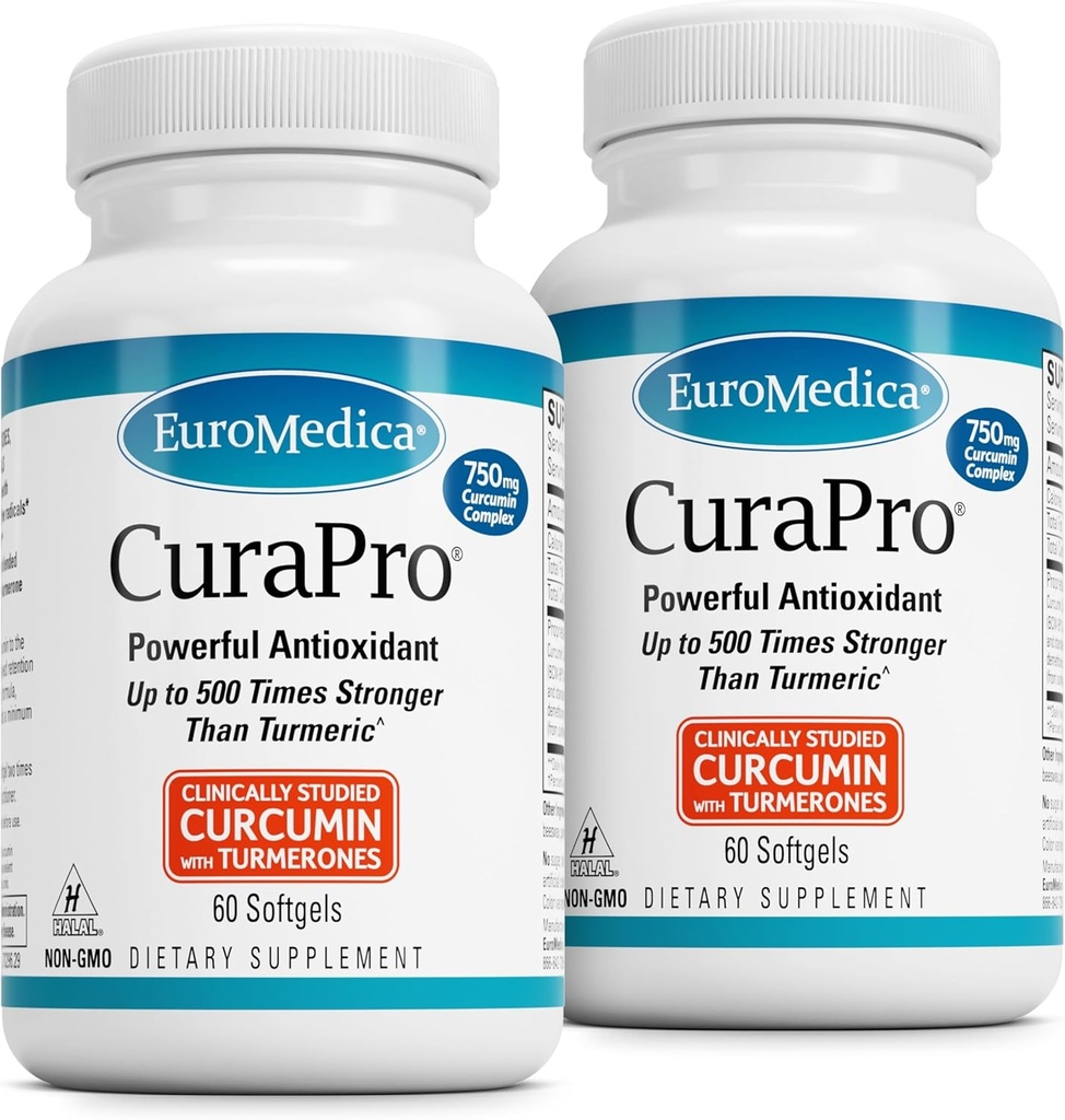 EuroMedica CuraPro - Antioxidačný doplnok pre podporu mozgu a imunitného zdravia - Dietary Supplement with Curcumin & Turmeric Essential Oil - Bylinná podpora pečene - 60 Softgels, 2 balenie (120 Softgels)