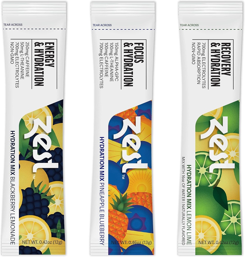 Powder Zest Hydration Electrolyte Powder - Variabilné balenie - Mix w/Water - 6 Cestovné balenia - Nízky cukor Supplement - Recovery, energia, & Focus Drink - IV Piliere tekutej rehydratácie vrátane soli a draslíka
