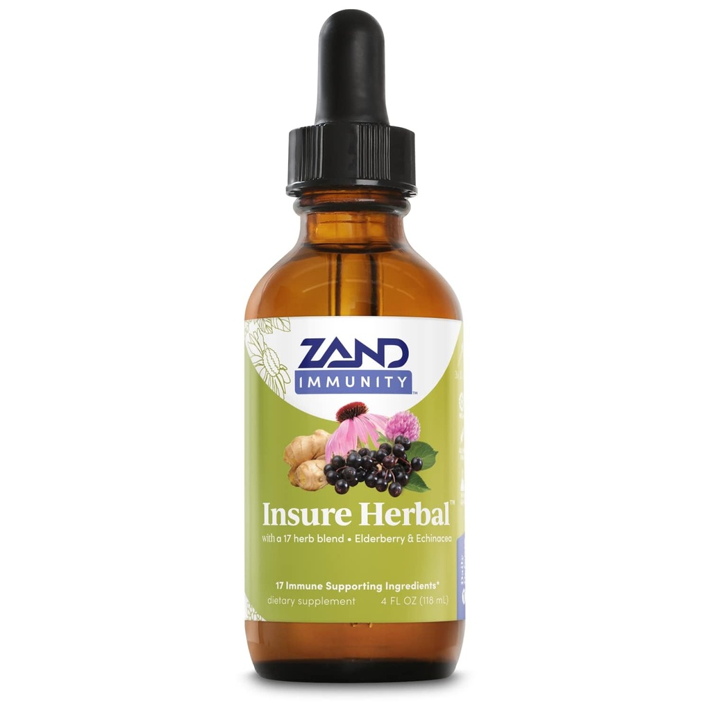 ZAND HERBALS Insure Herbal Liquid Blend - 17 wellness zložiek - w/Echinacea, bazová, zázvor, šalvia, mäta pieporná a viac - Gluten Free, Vegan, non-GMO, 60-dňová záruka, 147 Servings, 4 FL OZ