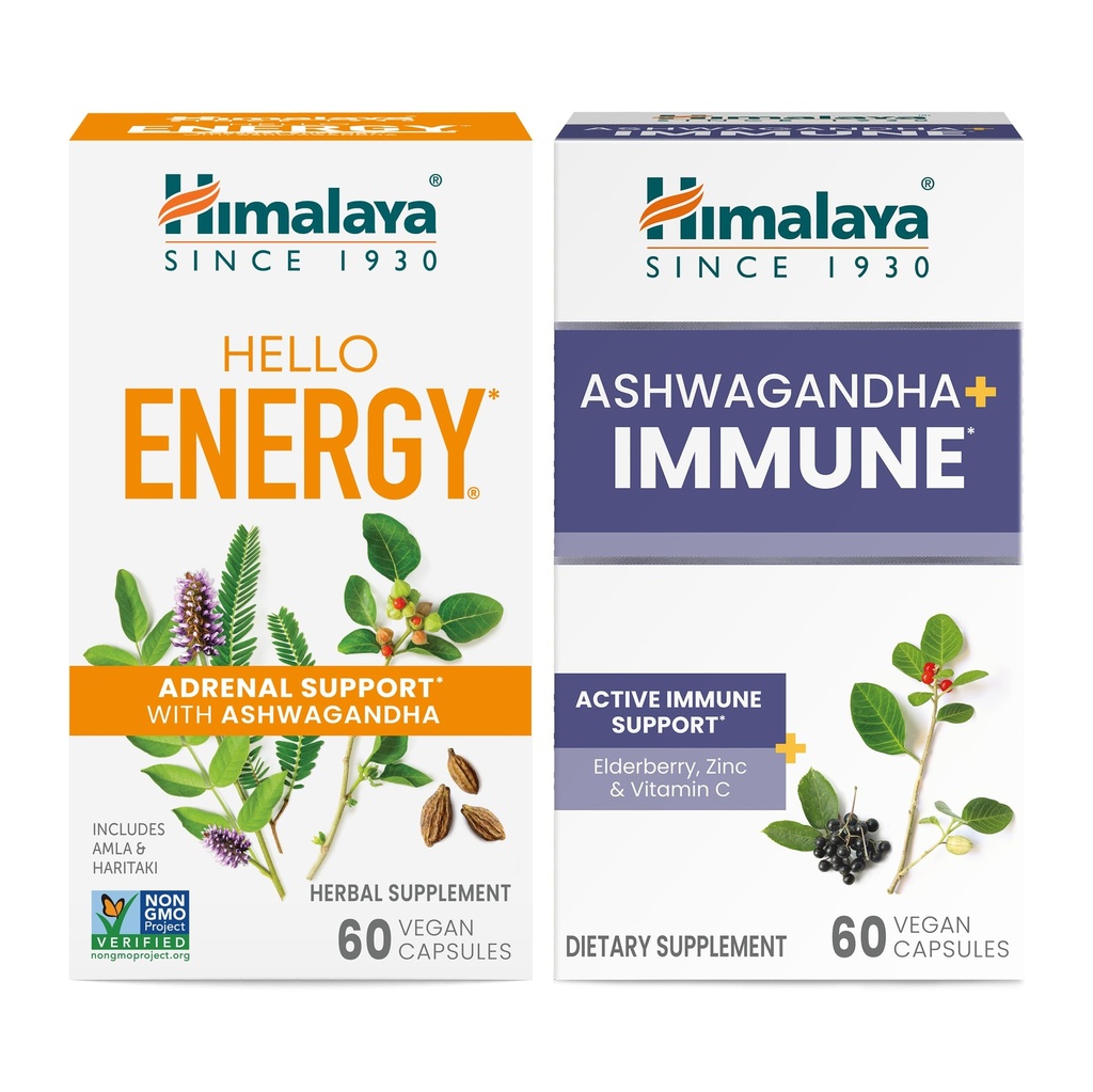 Himalája Hello Energy s Ashwagandha pre adrenálnu podporu & Daily Energy a & Ashwagandha +Imunita s vitamínom C pre Active Immune Support, 60 Kapsule Each - Bundle