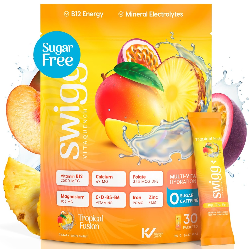 Swigg Electrolytes prášok balíčky - žiadny cukor multivitamín hydratačný prášok, cukor bez elektrolytov nápoj Mix s vitamínom B12, B5, B6, C, D a folát, Multivitamín voda, Tropická fúzia - 30 Sticks