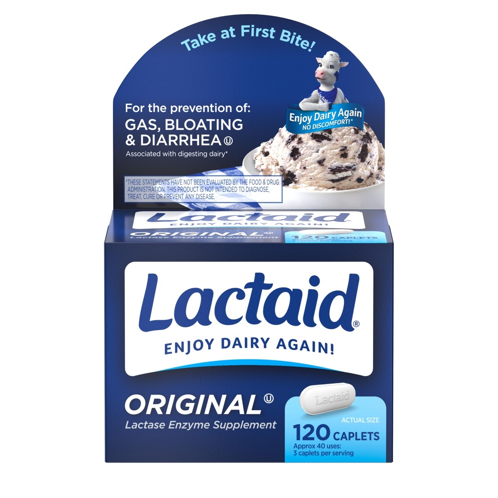Lactaid Pôvodná sila Laktóza Intolerancia Pills, 9000 FCC Natural Lactase Enzyme Dairy Relief Caplets, pomáha predchádzať plynu, Bloating & Diarea Vzhľadom k citlivosti laktózy u dospelých a detí, 120 Počet