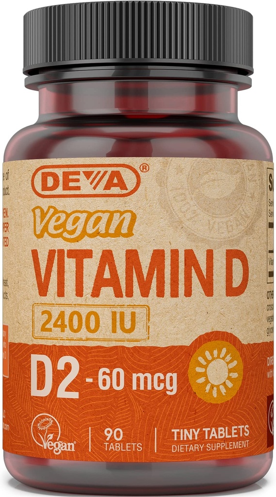 Deva Vegán Vitamín D2 60 μg 2400 IU, Ergokalciferol Supplement with No Animal Ingredients, 90 Tablets, 1- Pack