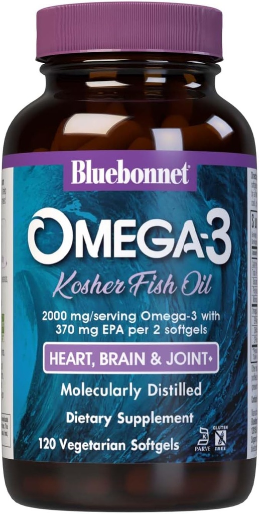 Bluebonnet Nutrition Omega-3 Kosher Fish Oil, Natural Triglycerid Form, Gluten-free, Dairy-Free, Kosher Certified, Non-GMO, 3. Party Tested, Molecularly Destilated, 120 Vegetariánska Softgel, 60 Serving
