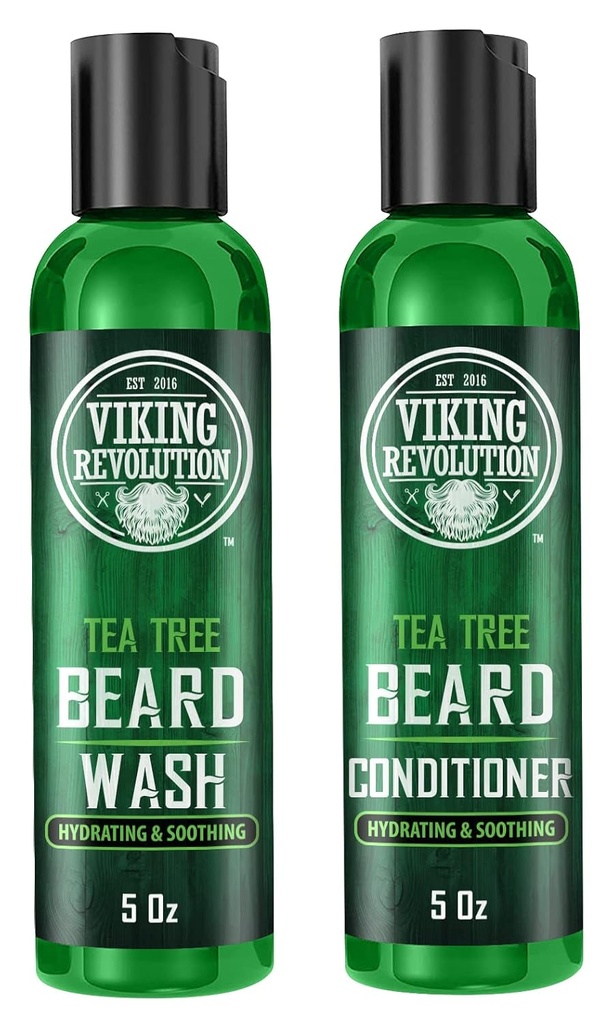 Viking Revolution Tea Tree Beard Wash and Conditioner Set pre mužov - Prírodný medvedí zmäkčovač s arganovým olejom, vitamínom E a ženšenom (5 OZ)