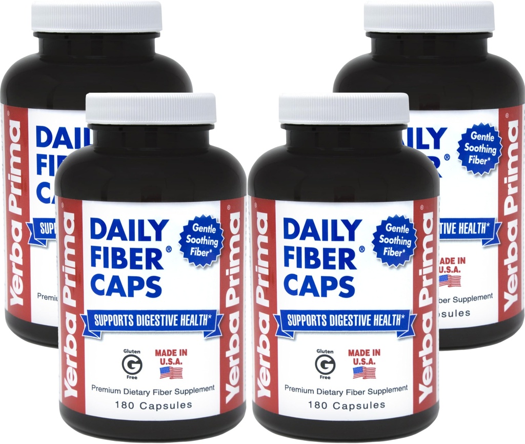 Yerba Prima Daily Fiber Caps - 180 Kapsule, (Pack of 4) - Rozpustné a nerozpustné Dietary Fiber Supplement - Colon Cleans - Gut Health - Vegan, Non-GMO, Gluten-Free