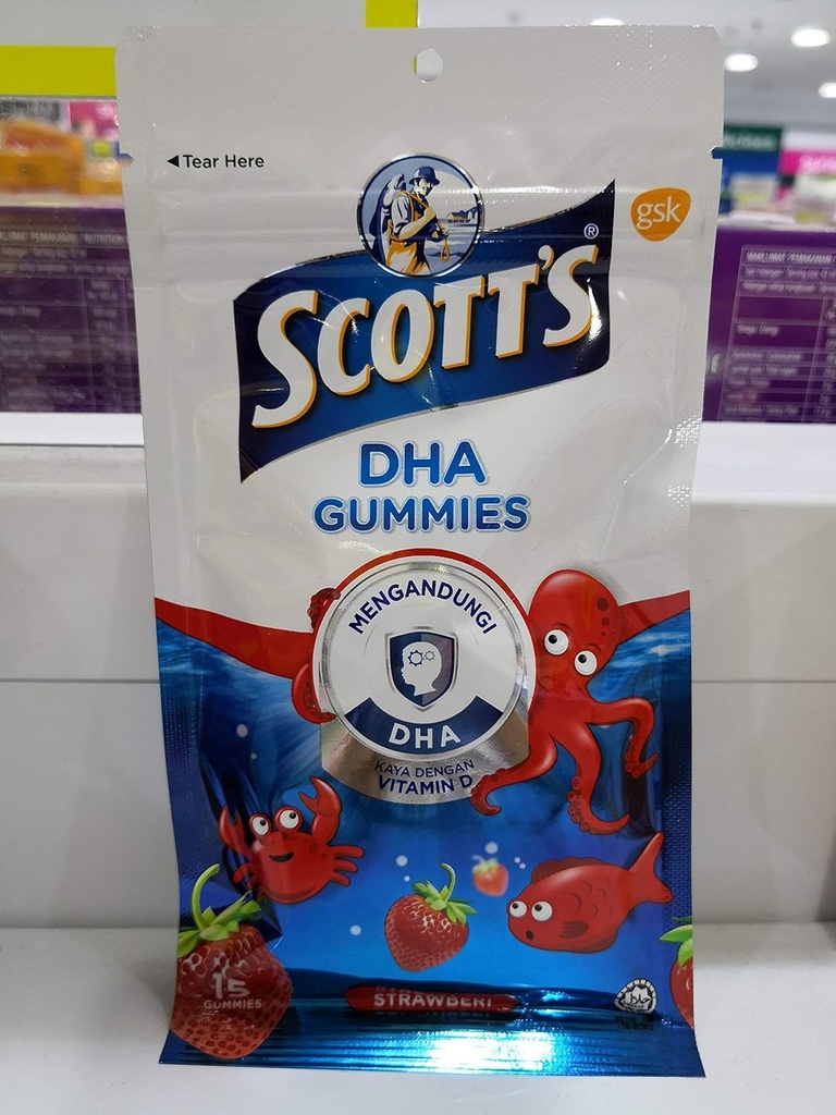 Scott's DHA Gummies, Strawberry Avour, 15s, Vitamin D,Essential for Healthy Growth & Development in Children and Healthy Immune Function.