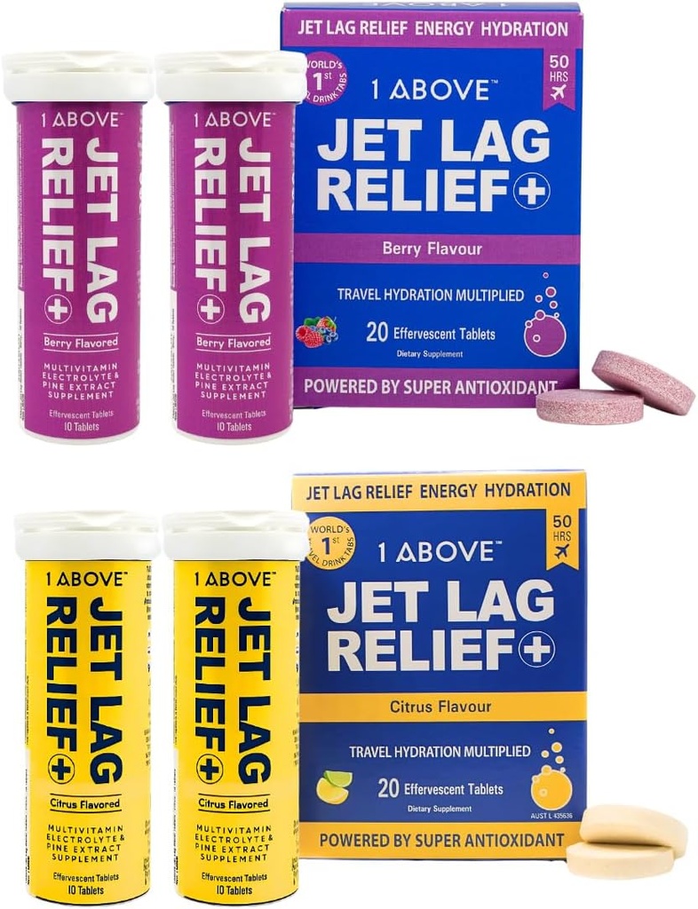 1ABOVE Jet Lag Relief Effervescent Multivitamín s Pycnogenol Cestovanie doplnok pre hydratáciu, energiu, imunitnú podporu a rýchlejšie zotavenie - letu esenciálne - Citrus 20 Gróf a Berry 20 Gróf