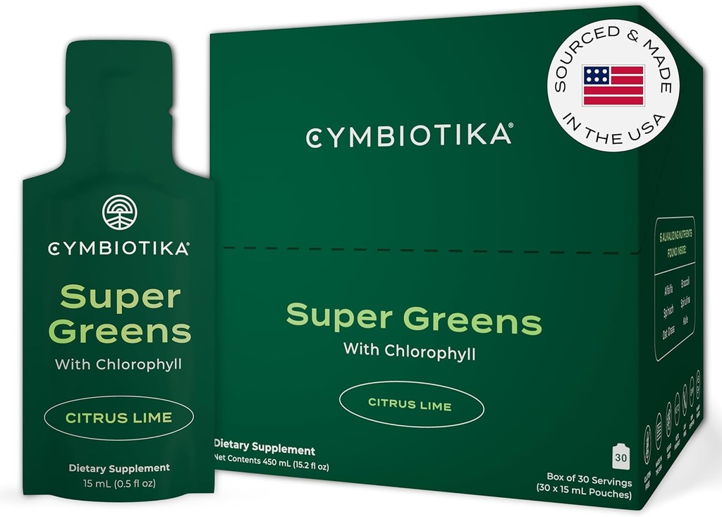 CYMBIOTIKA Super Greens Supplement with Chlorophyll, Spirulina, Daily Vegan Superfood Pakets for Digestive Gut Health, Detox, Energy and Immune Support, Citrus Lime Flavor, 15 ml Pouches, 30 balenie