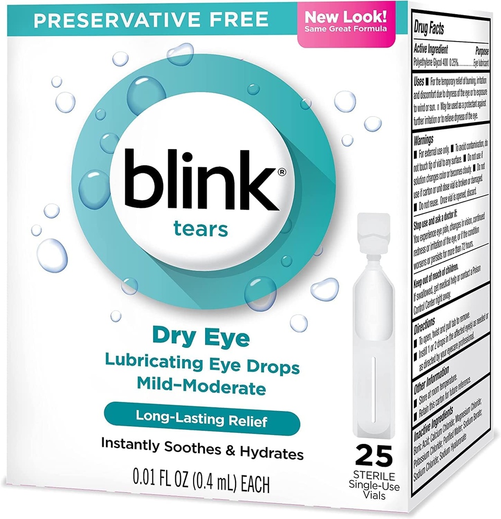 Blink Slzy Mazanie očné kvapky Mierne moderné suché oko .01 Fl Oz 25 Počet