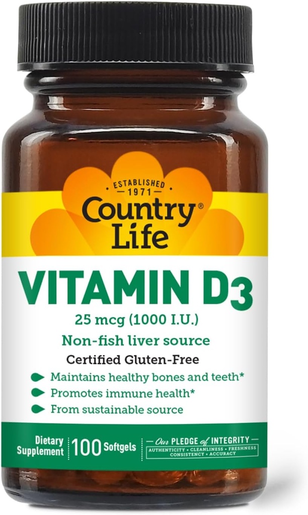 Country Life Vitamín D3, nefish 1000 IU, 100 Softgels, Certified Gluten Free