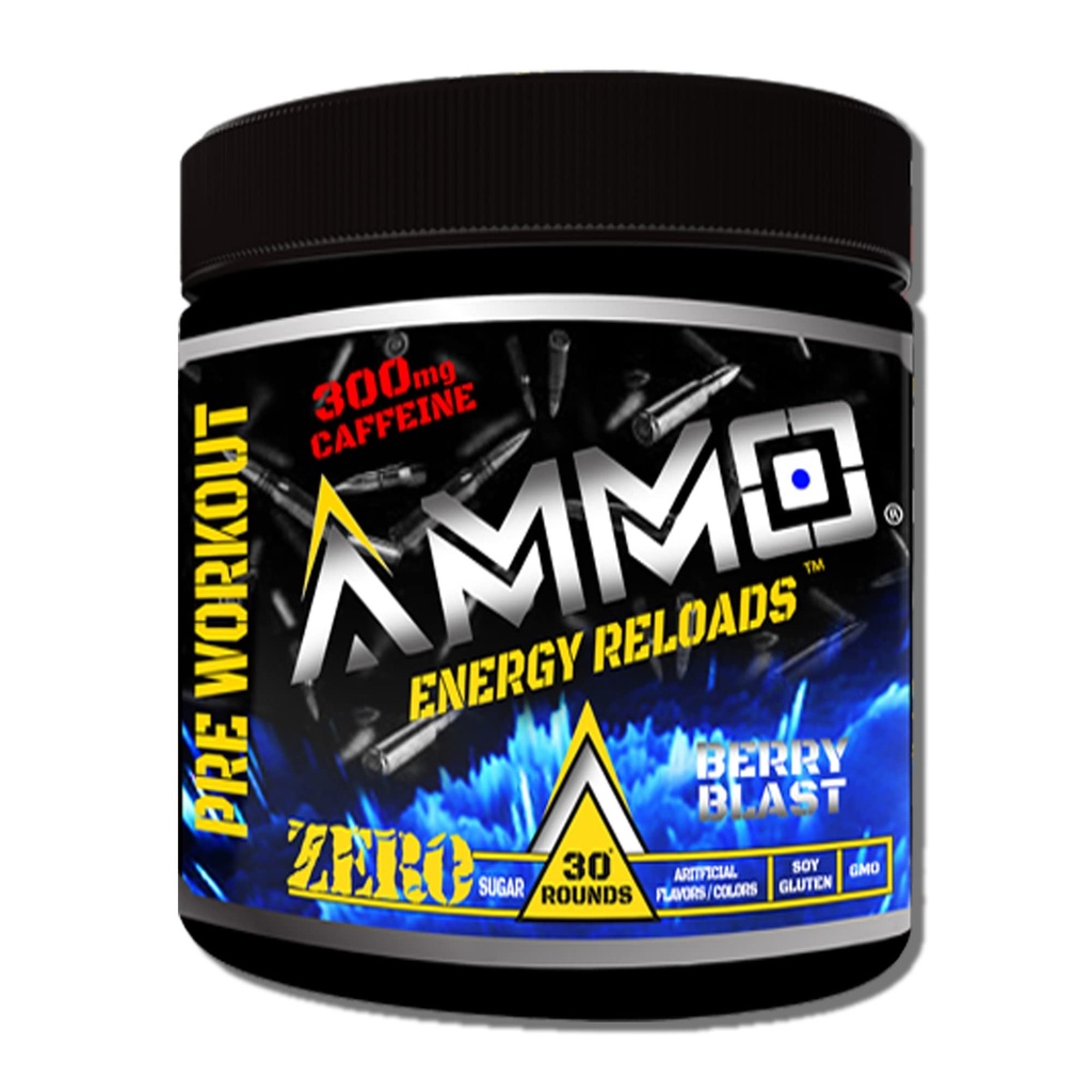 AMMO ® Energy ReloadsTM pre cvičenie prášok - 300mg kofeín Zero cukor Vital Aminos a Electrolytes Žiadne umelé príchute alebo farby (Berry Blast)