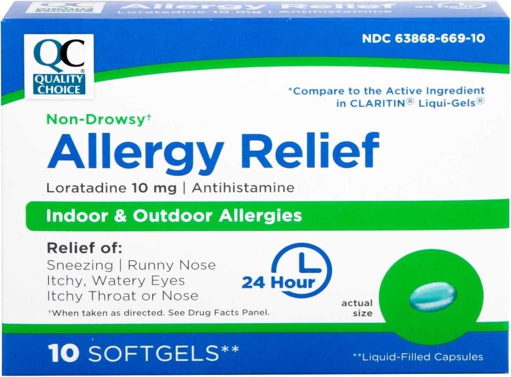 Výber kvality Alergická úľava, 24 hodín Non Drowsy Allergy Relief pre vnútorné a vonkajšie alergie, Antihistaminika Loratadine 10 mg, Tekuté naplnené mäkké gély, 10 Počet
