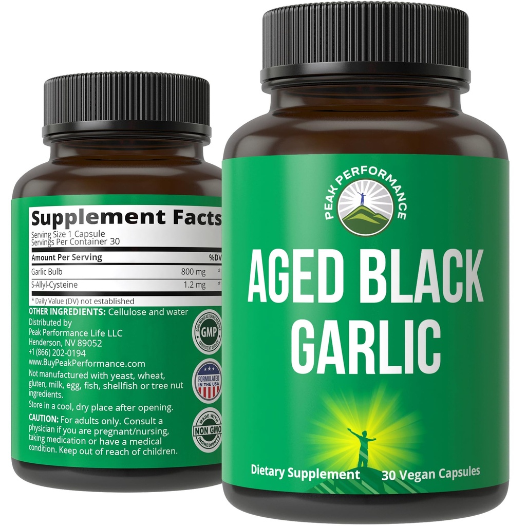 Peak Performance Aged Black Cesnakové kapsule. Raw Vegan Pure Odorless Extract Supplement pilulky pre cholesterol, a Immune Support. z Cesnakovej žiarovky s S-alyl Cysteine a antioxidanty