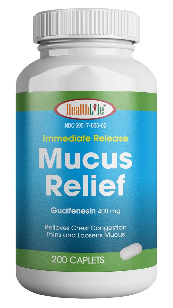 ZDRAVIE LFE Mucus Relief Guaifenesin Caplets 400 mg, okamžité uvoľnenie Fast Acting Expectorant, Tenký a uvoľnený Muscus, Relieves Chest Congestion, Kašeľ, Cold and Flu (Medium, 200 Počet)