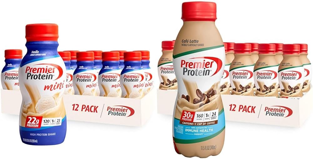 Premier Protein Shake MINIs Vanilla 22g Protein 120 Kalórie Balenie 12 a kaviarní Latte 30g Proteín 160 kalórií Živiny pre imunitné zdravie Balenie 12