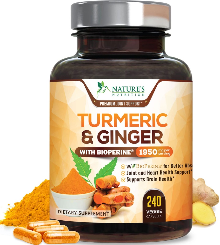 Turmeric Curcumin Supplement 1950mg - 95% Curcuminoids with Organic Turmeric & Ginger, BioPine Black Pepper for Best Absorbtion, Nature's Vegan Joint Support, Non-GMO, Bottled in USA - 240 Kapsule