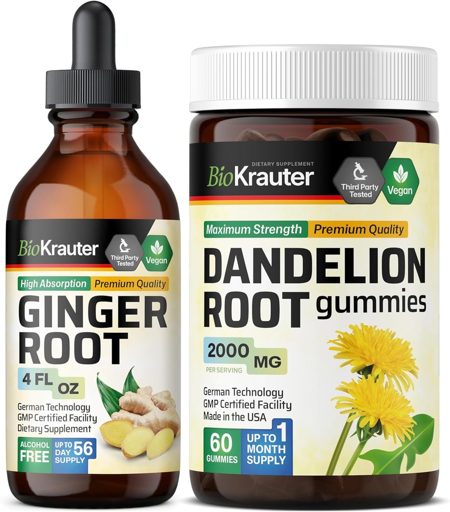 BIO KRAUTER Ginger Root Tinture 4 Fl. Oz. & Dandelion 60 Gummies