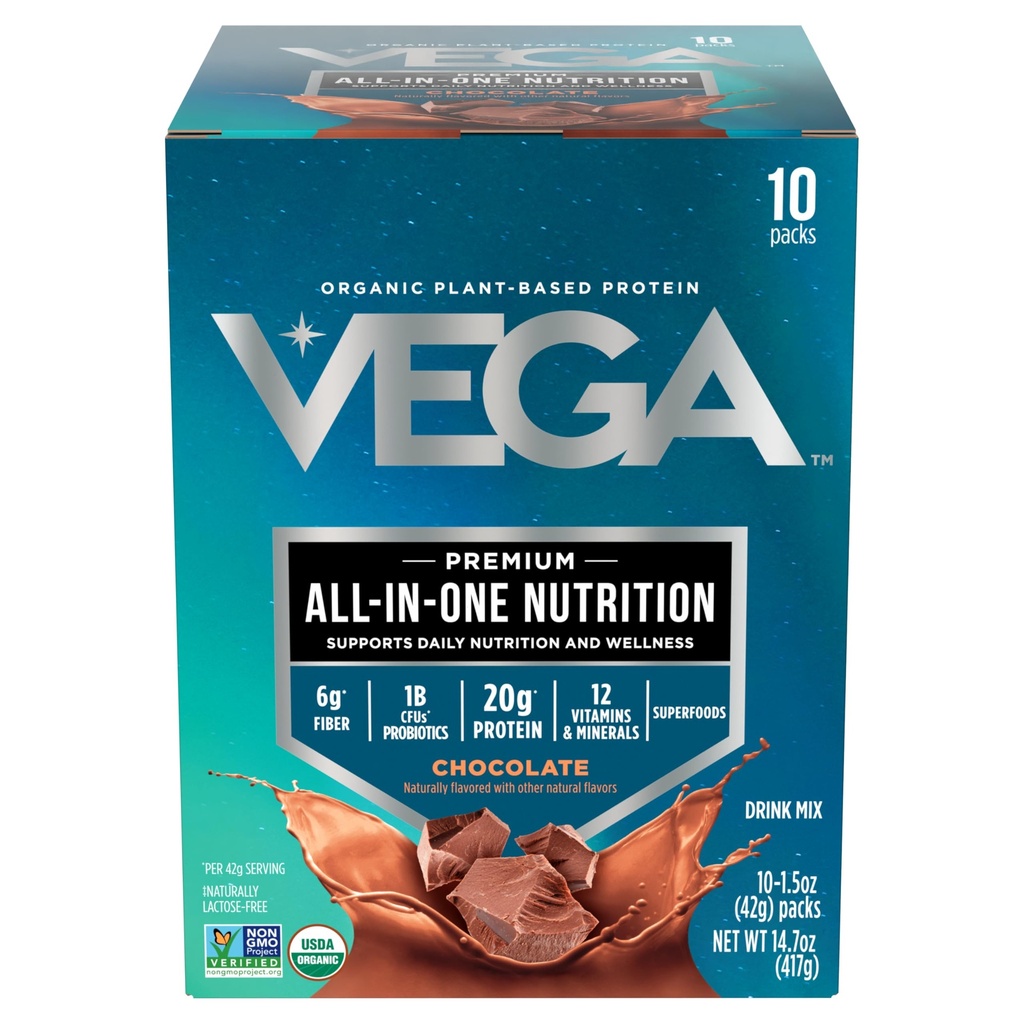 Vega Organic All-in-One Vegan Protein Powder, Čokoláda - Superfood Ingredients, Vitamíny pre imunitu, Keto Friendly, Pea Protein for Women & Men, 14,7 oz (Backaging May Vary)
