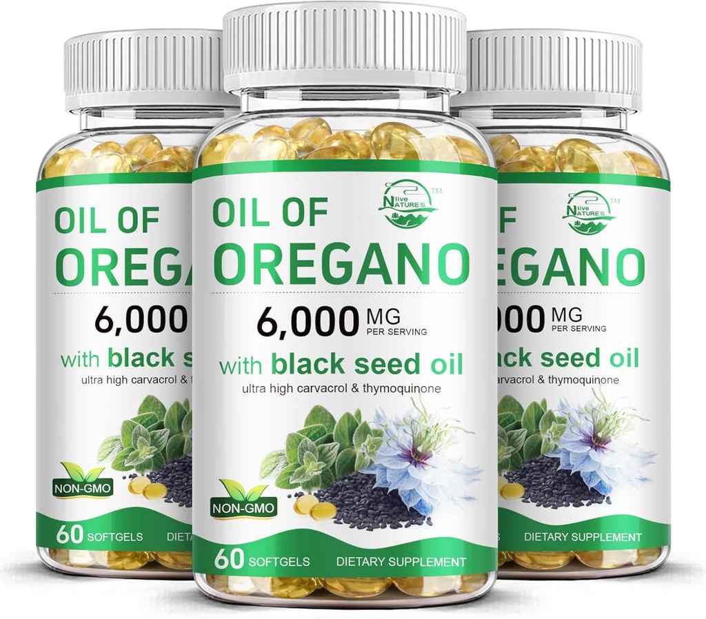 Živý prírodný olej z Oregano s olejom z čiernych semien, 2 v 1 Oregano doplnok pre imunitné zdravie, Zachováva vysoko koncentrované Carvatrol a tymochinón, non-GMO, 3 balenie