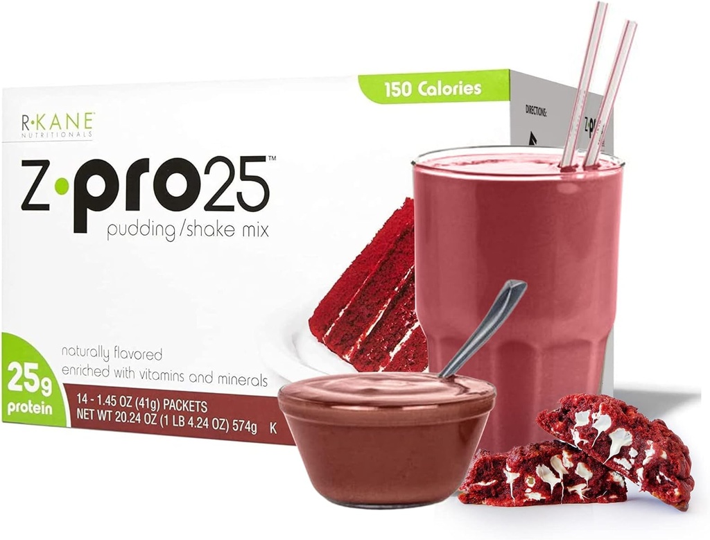 R- Kane Nutritionals Z-Pro Red Velvet Protein Drink Mix - vysoký obsah bielkovín, nízky obsah kalórií, nízkotučný Shake a puding Mix - náhrada jedla, On-The-Go pakety - Raňajky Boost - 25g Protein - 14 paketov