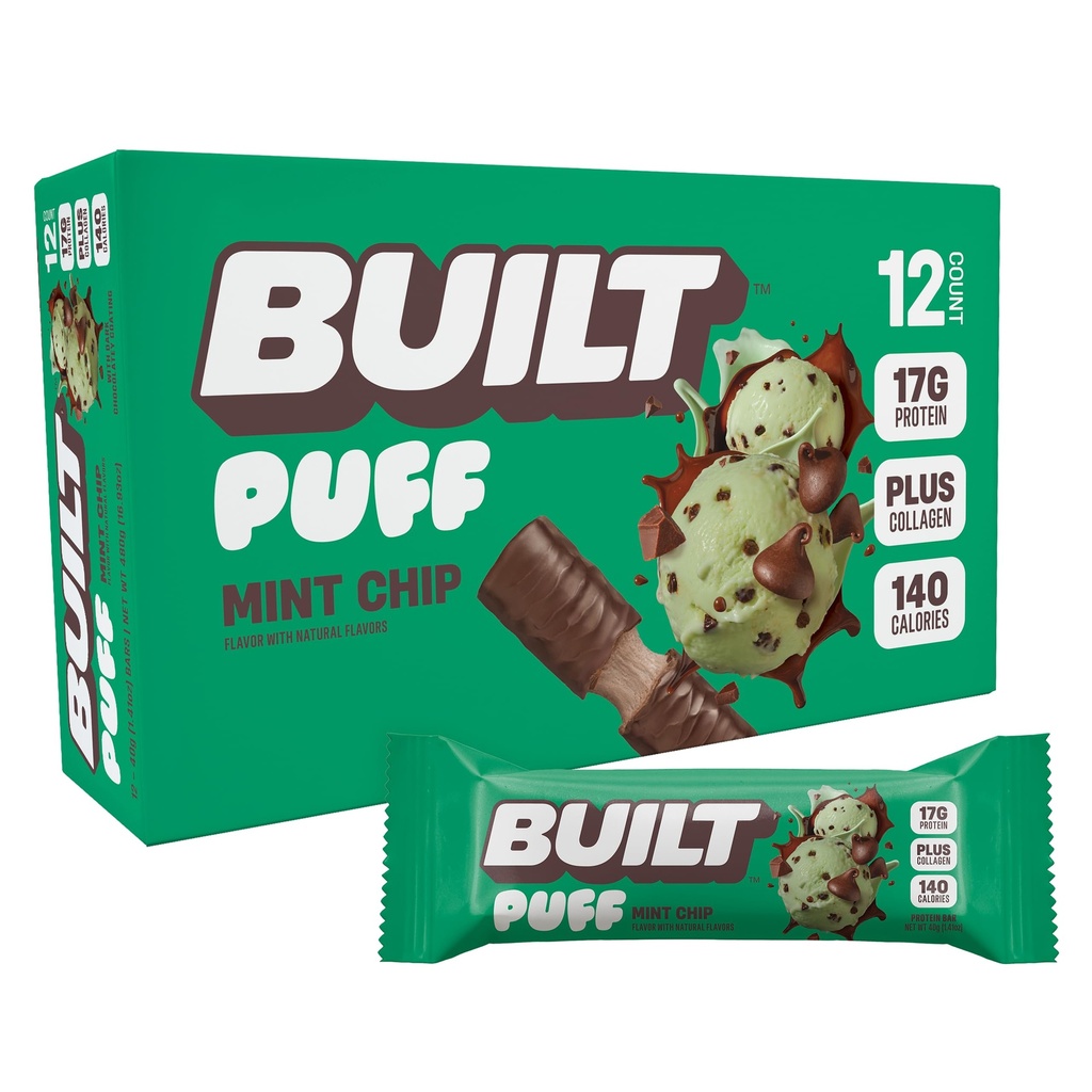 Postavený bar, Puff Protein Bars, Mint Chip Puff, 17g Bielkoviny Snacks, On-The-Go Bars, Iba 140 kalórií, 6g cukru, Kolagén, Gluten bez, 12 Počet