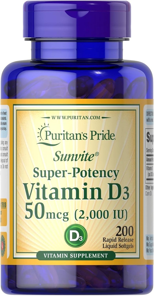 Vitamín D3 50 μg (2 000 IU) Bolestery Imunitné zdravie Puritánovou pýchou na podporu imunitného zdravia a zdravých kostí a zubov 200 Softgelov