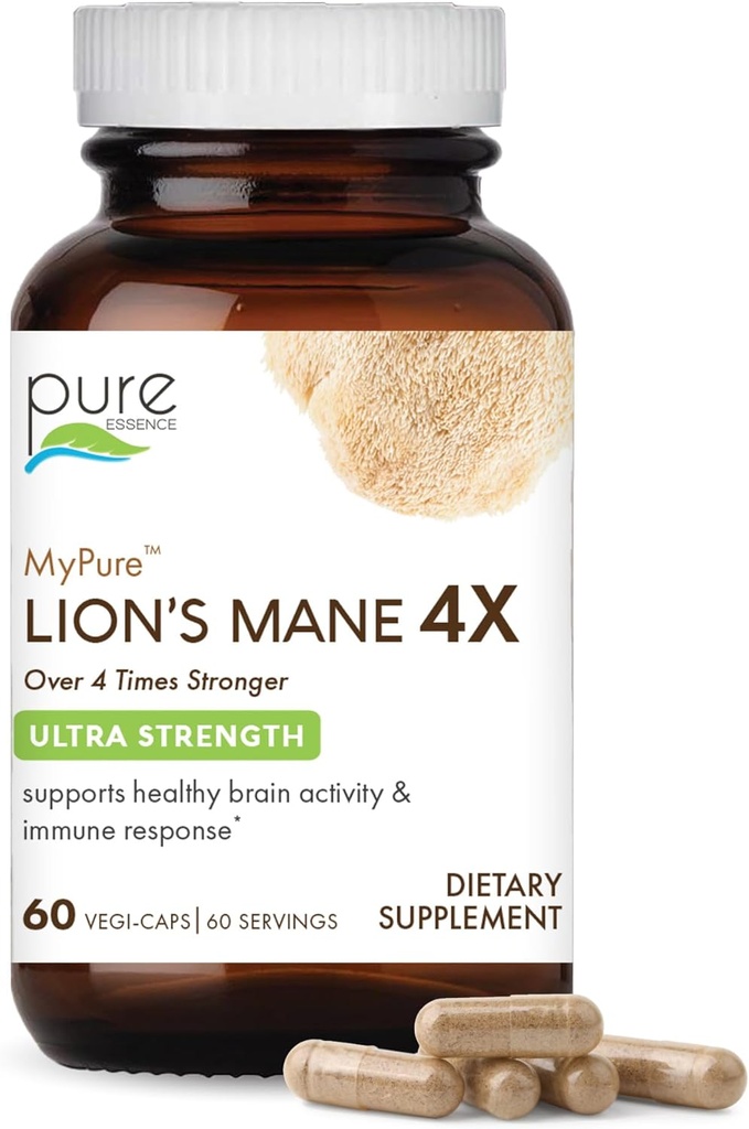 PURE ESSENCE LABS MyPure Lion's Mane 4X - Ultra Strength Brain Suplement with 6:1 Hot Water Extract & 10:1 Extract for Cognitive Health, Focus, Memory & Mental Clarity, 60 Kapsule