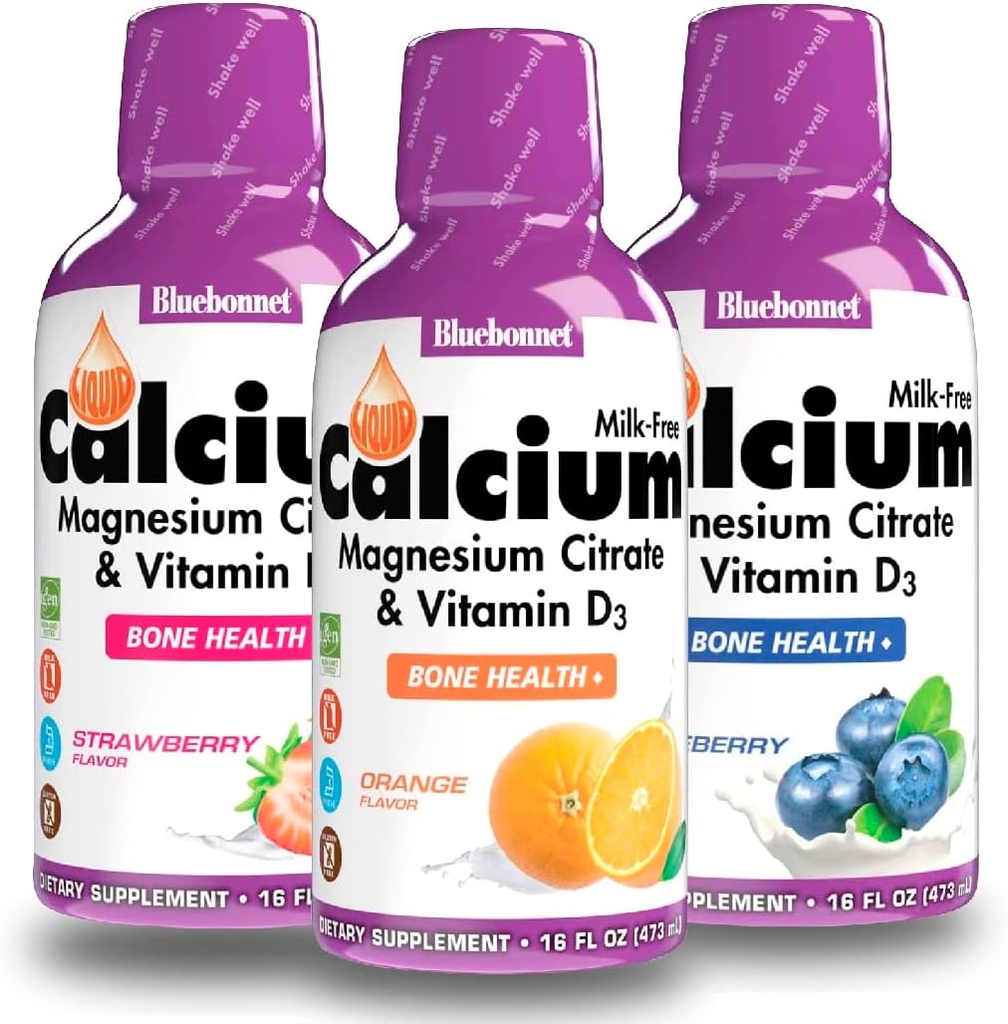 Bluebonnet Tekutý citran vápenatý Magnézium Citrát, vitamín D3- Závit pomarančovej, čučoriedkovej a jahodovej chuti, 3 fľaše 16 Fl Oz Každá (48 Fl Oz celkom)