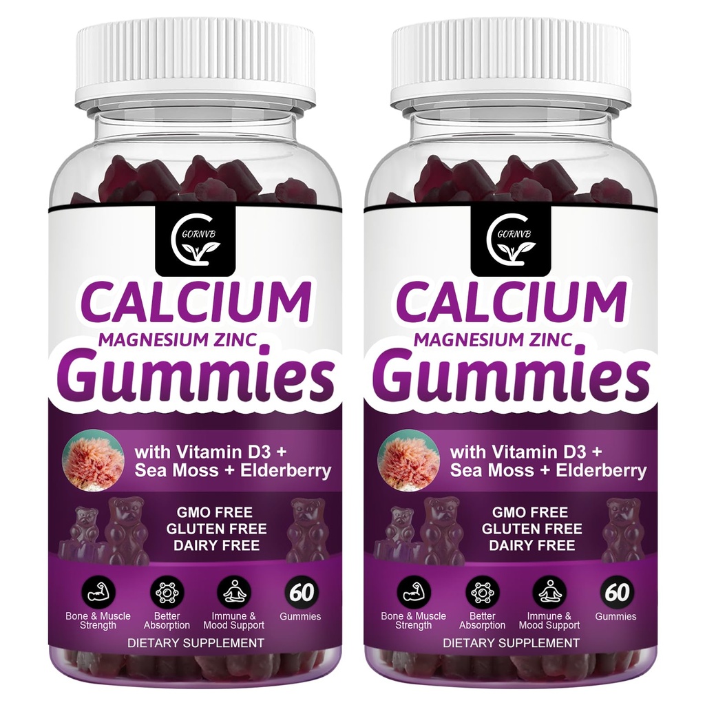 Kalcium Magnézium Zinok Gumičky s vysokou absorpciou Magnézium Glycinát Draslík - Rastlinný komplex horčík 2:1 pomer, s D3 More Moss pre kosti, svalovinu, Immune & Sleep Support, Vegan-2 balenie
