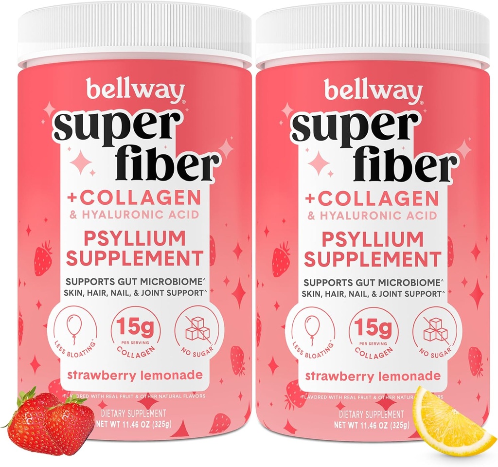 Bellway Super Fiber Powder + Kolagén (2 balenia), bezcukrový Psyllium Husk Powder s kolagénom Peptidy pre zdravie Gut, zdravá koža, nechty, kosti a kĺby, Jahodová limonáda (22.92 oz)