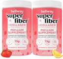 Bellway Super Fiber Powder + Kolagén (2 balenia), bezcukrový Psyllium Husk Powder s kolagénom Peptidy pre zdravie Gut, zdravá koža, nechty, kosti a kĺby, Jahodová limonáda (22.92 oz)
