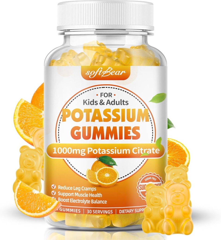 softbear Draslík Dusičnan 1000mg, bezcukrový draslík Gumies pre dospelých Podpora Noha Crumpy a svalové zdravie Vysoká potencia Draslík Supplement Gumies Orange Chladenie 60 Počet